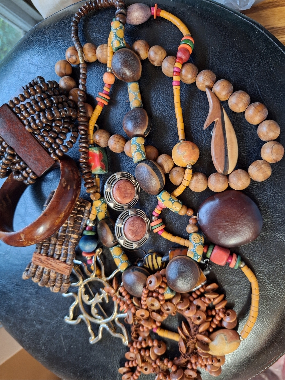 Bohemian Wooden Themed Jewelry SET Hippie Western Photo Shoot Browns SUN BROOCH - Picture 2 of 6